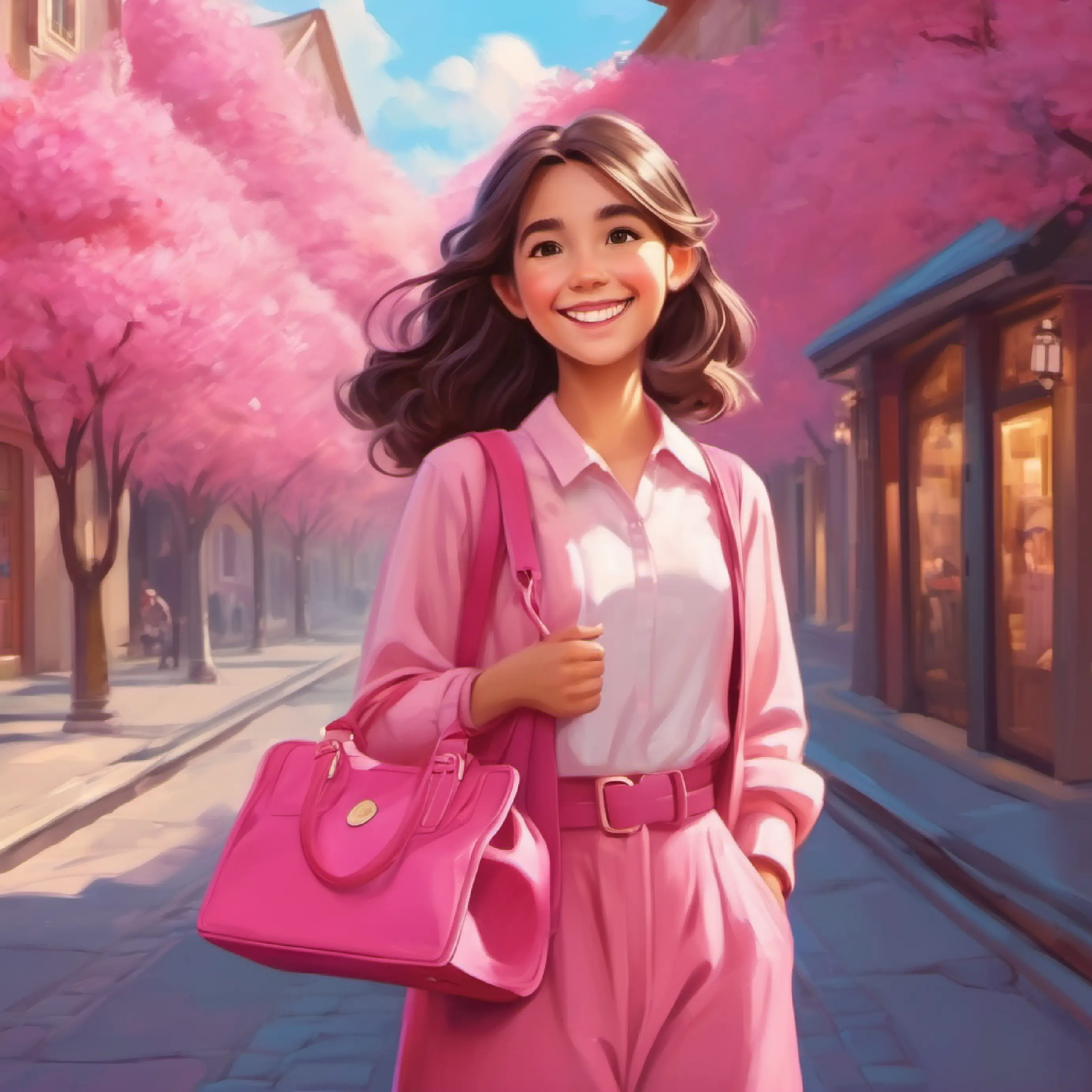 Girl, pink bag, kind smile, cheerful joins the duo with a pink bag and a smile.