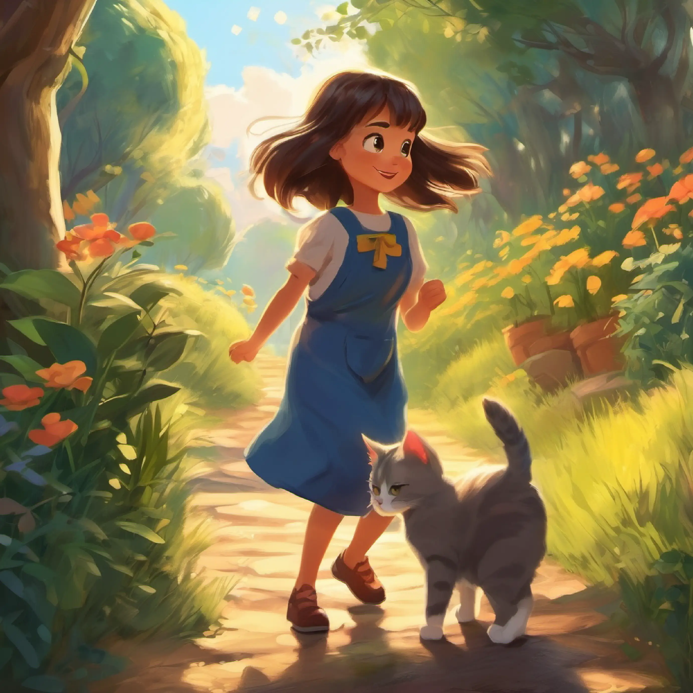 Girl, pet cat, creative, adventurous's cat joins the group and chases its tail.