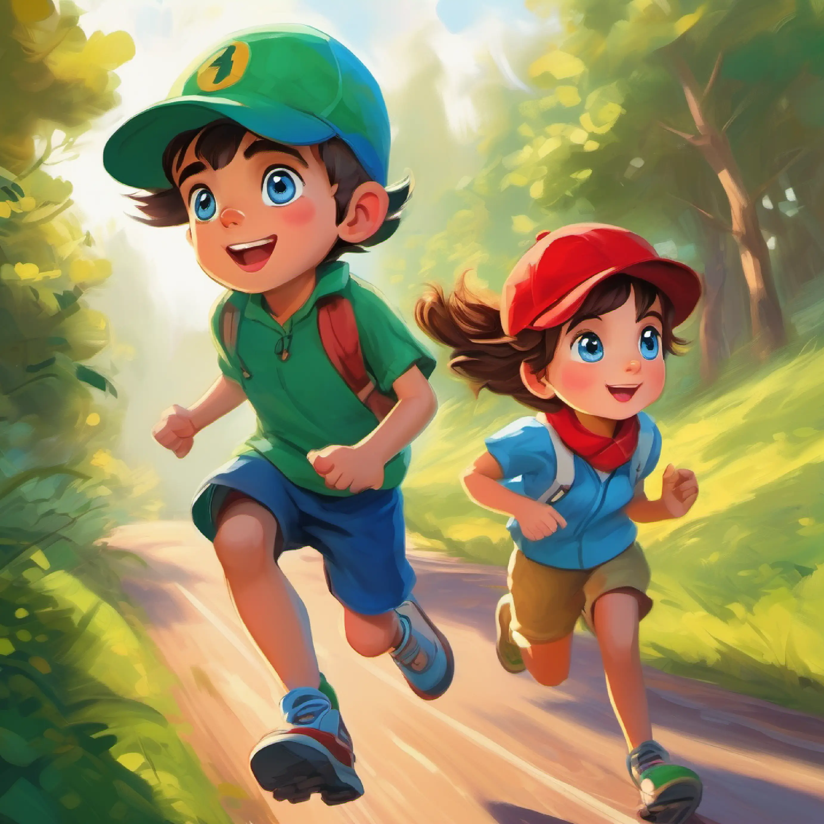 Boy, blue cap, enjoys racing, polite's cap is blown away; Girl with big green eyes, loves red hat, playful chases it.