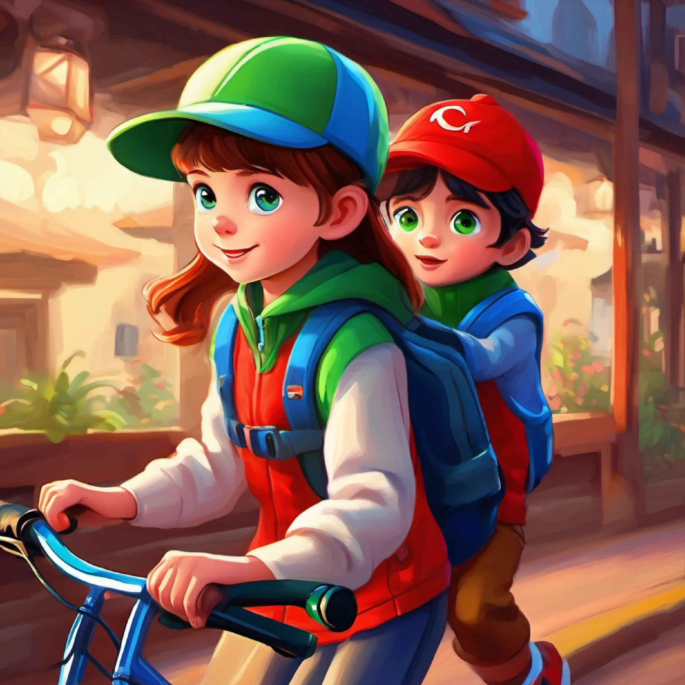 Girl with big green eyes, loves red hat, playful returns the cap to Boy, blue cap, enjoys racing, polite.