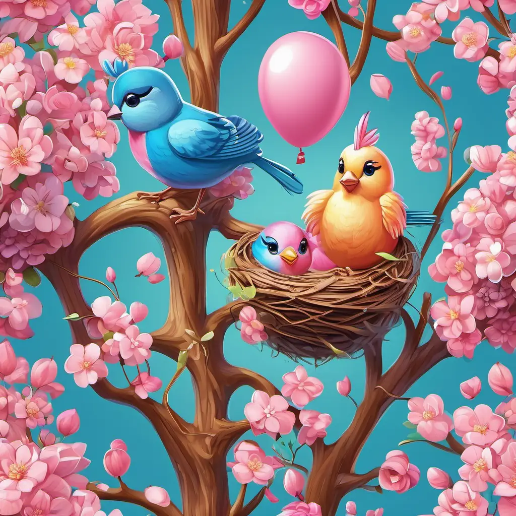 The little birds live in a cozy nest in a big tree. Pinky is a little bird with pink feathers and sparkly blue eyes is feeling excited on her birthday. The house is decorated with flowers and balloons.
