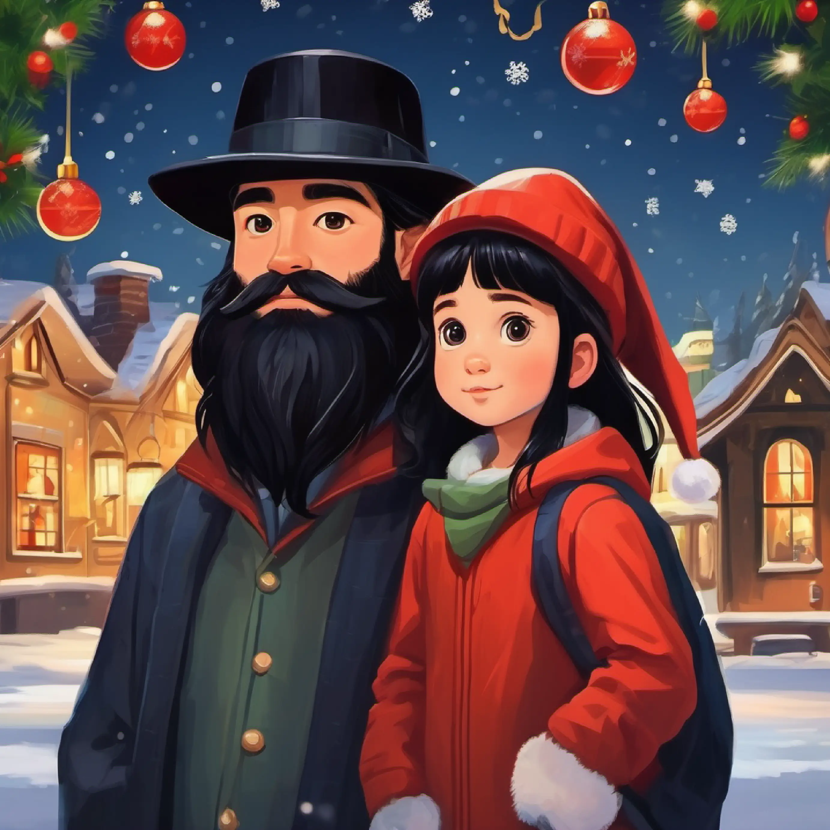 Description of Mysterious, long black hair, black beard, sensitive eyes, wears hat, children's curiosity