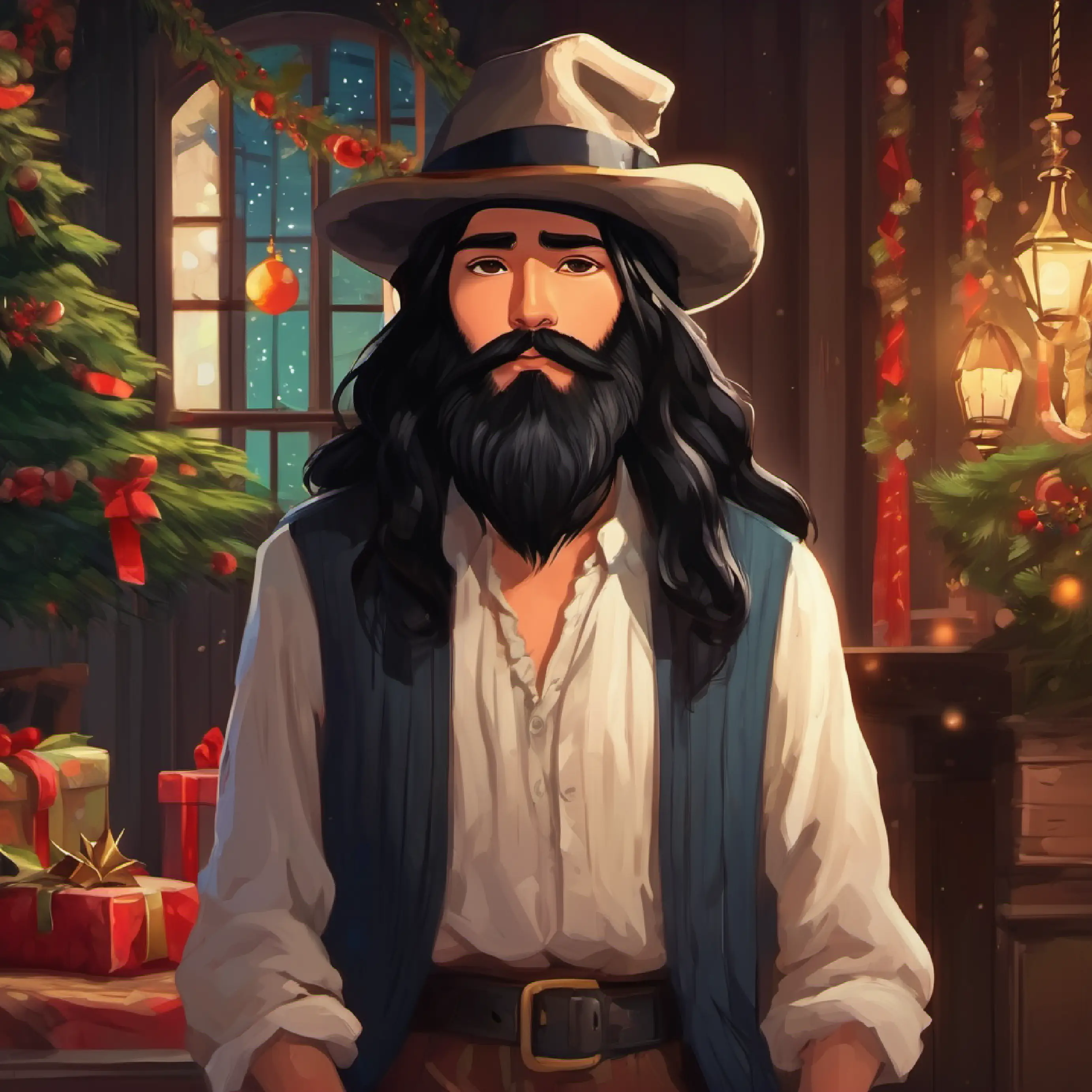 Mysterious, long black hair, black beard, sensitive eyes, wears hat' home, mysterious past