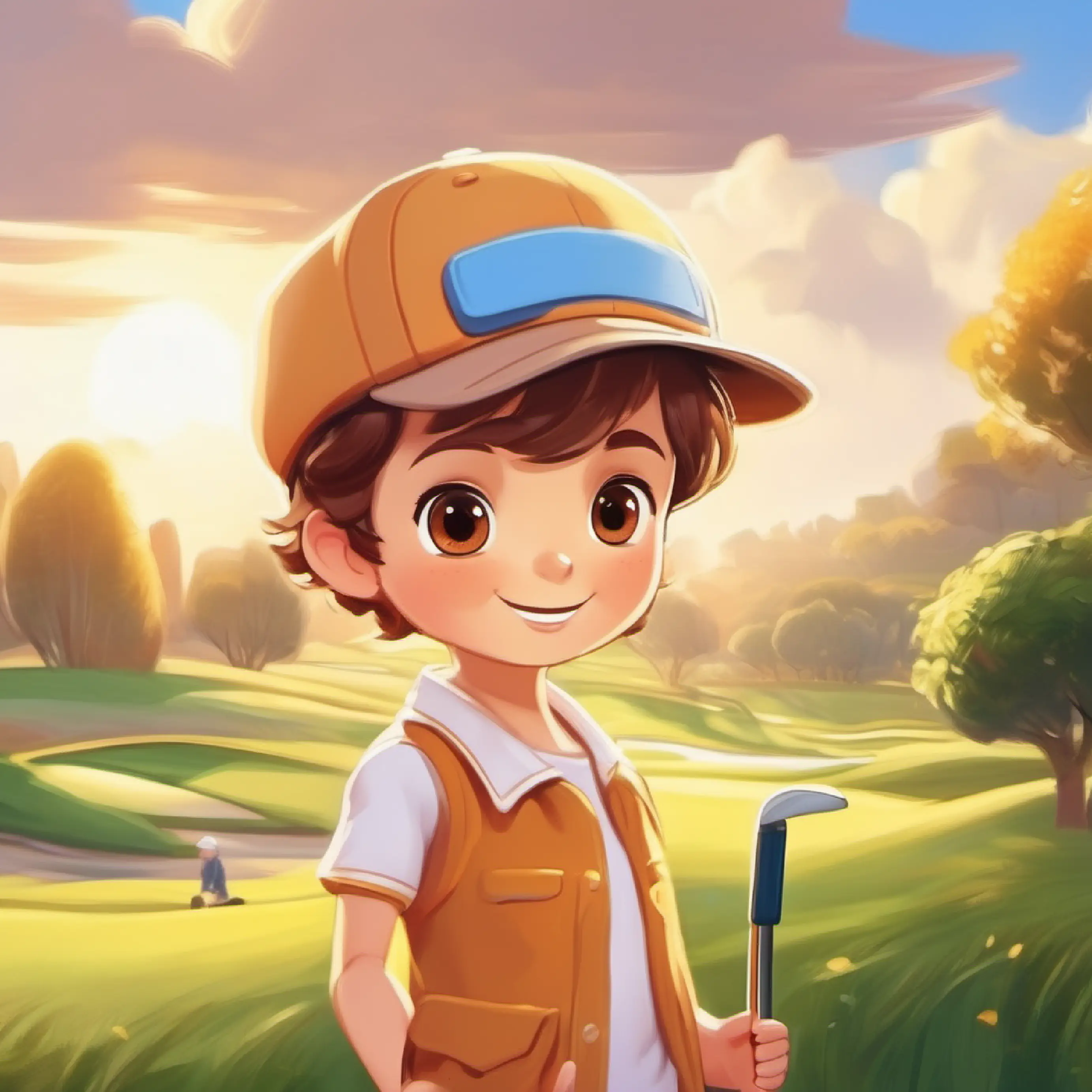 Introduction of Happy child, brown hair, brown eyes, always wearing a golf hat living in Birdieville, a sunny and cheerful place.