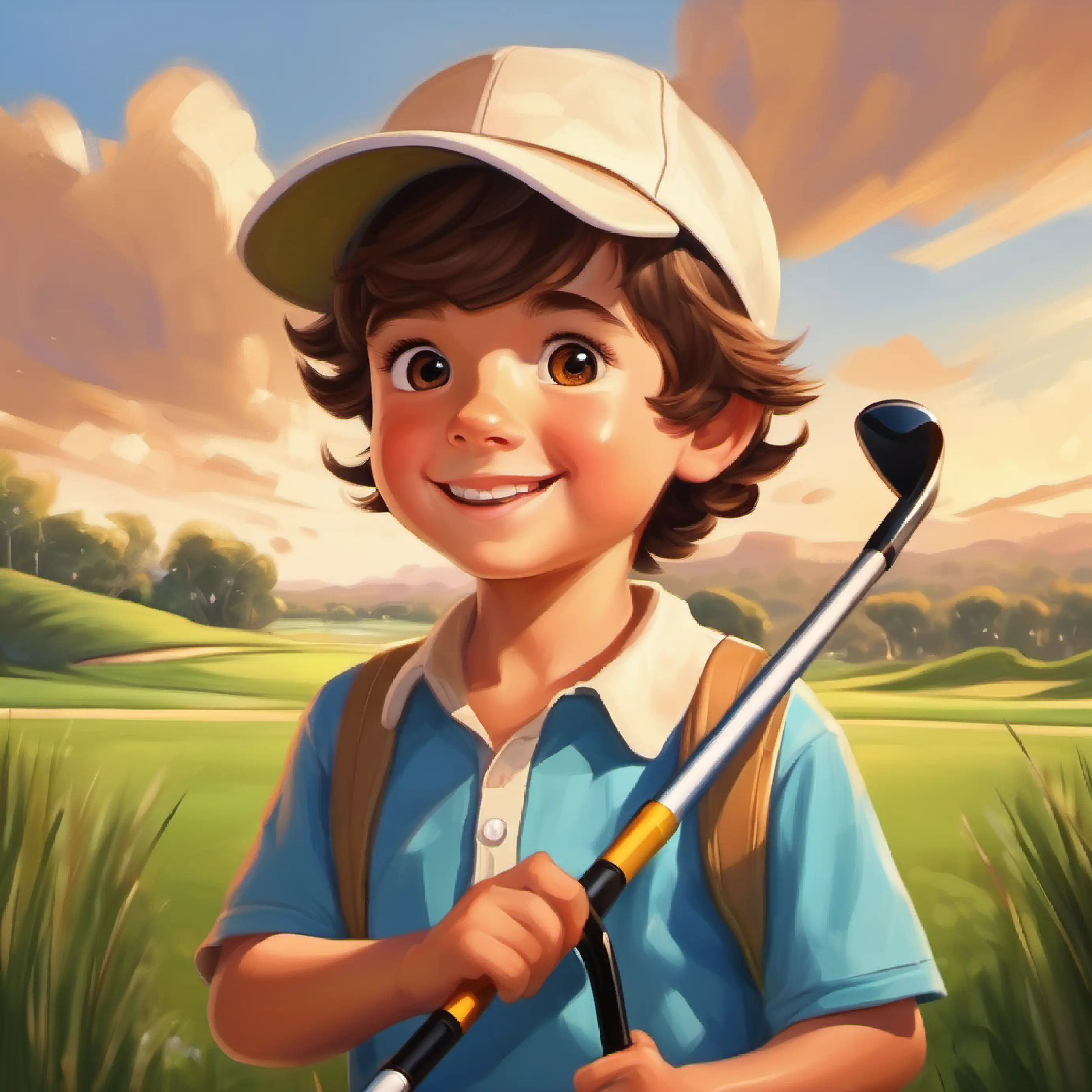 Shows Happy child, brown hair, brown eyes, always wearing a golf hat's love for golf and his big imagination.