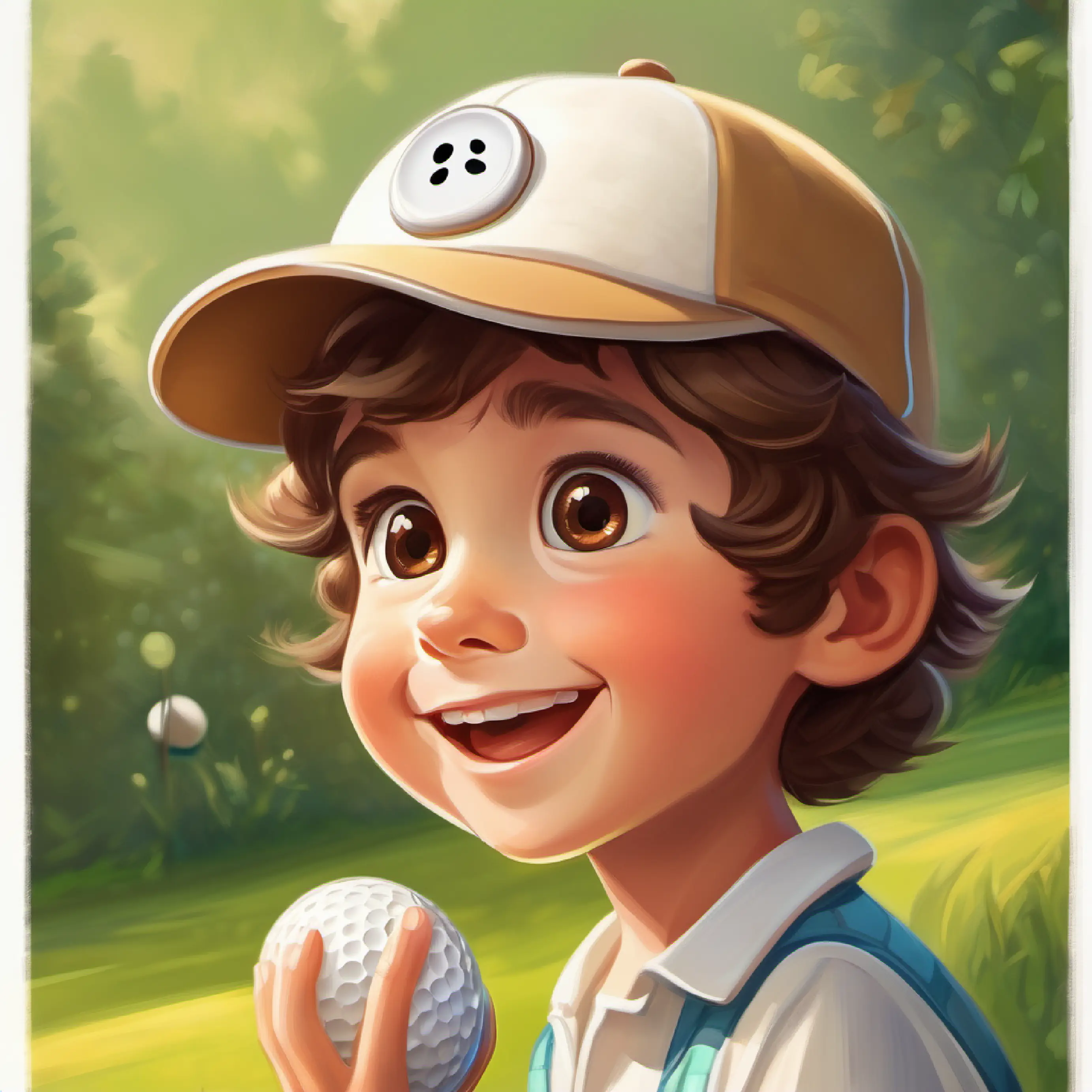 Happy child, brown hair, brown eyes, always wearing a golf hat discovers a magic talking golf ball named Magic golf ball, white with a smiley face, can talk.