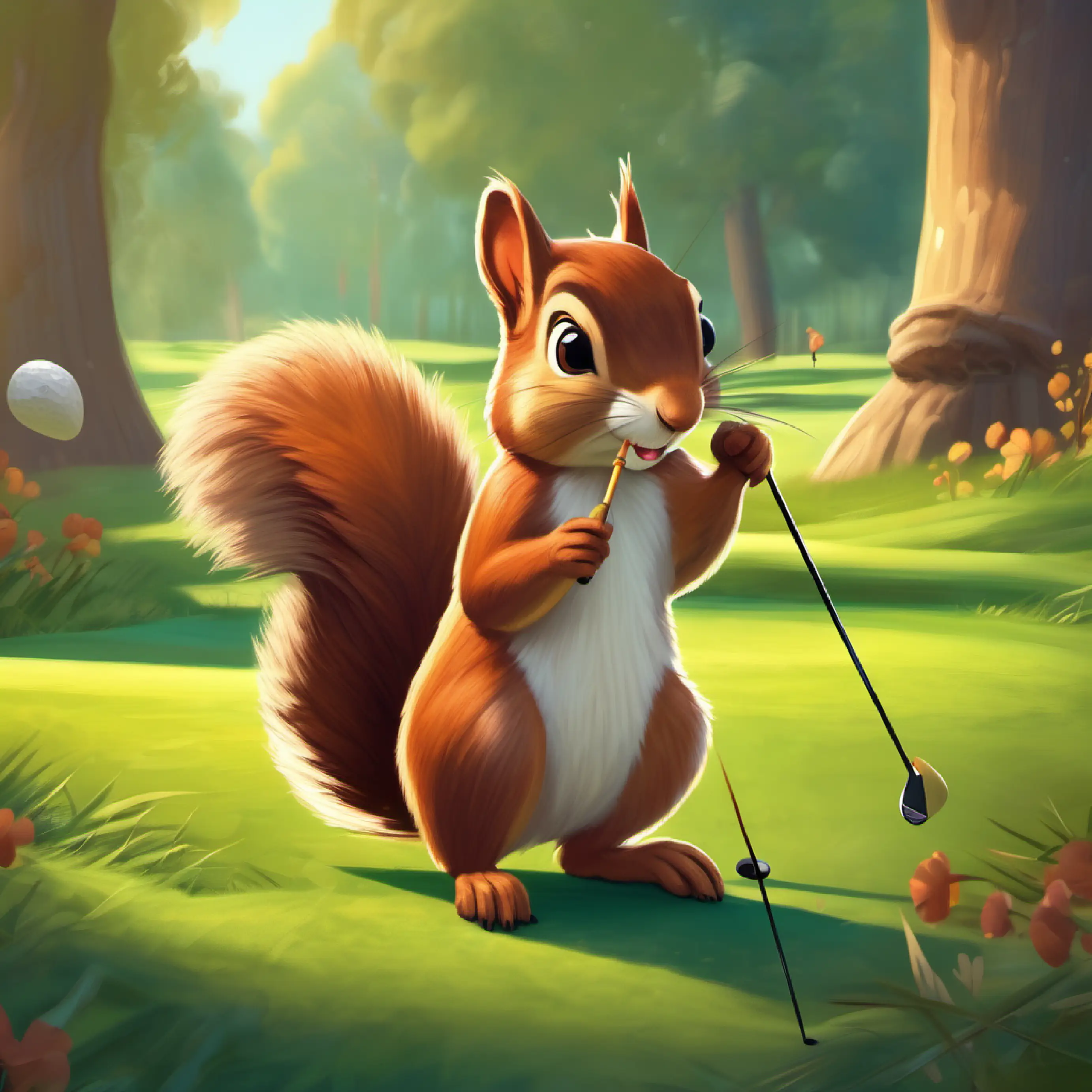 Encounter with a friendly squirrel during their golf game.