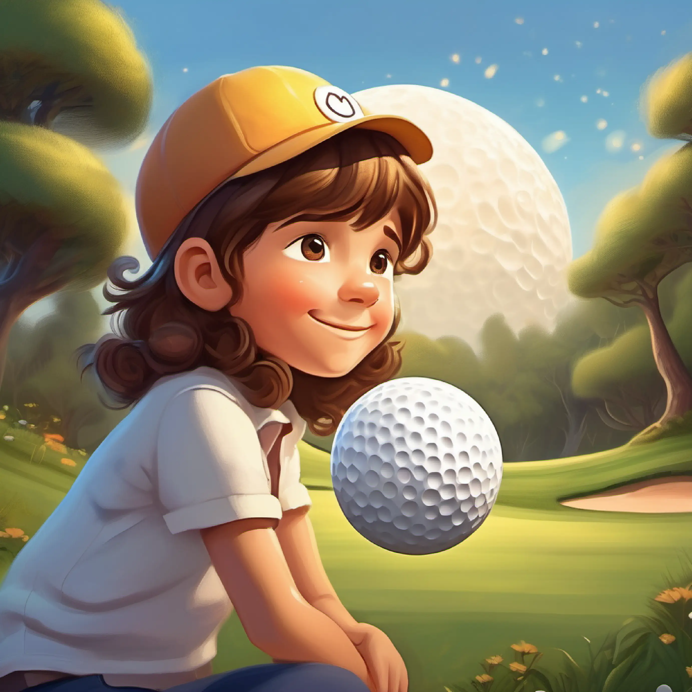 Magic golf ball, white with a smiley face, can talk imparts wisdom, and Happy child, brown hair, brown eyes, always wearing a golf hat falls asleep, dreaming of more adventures.