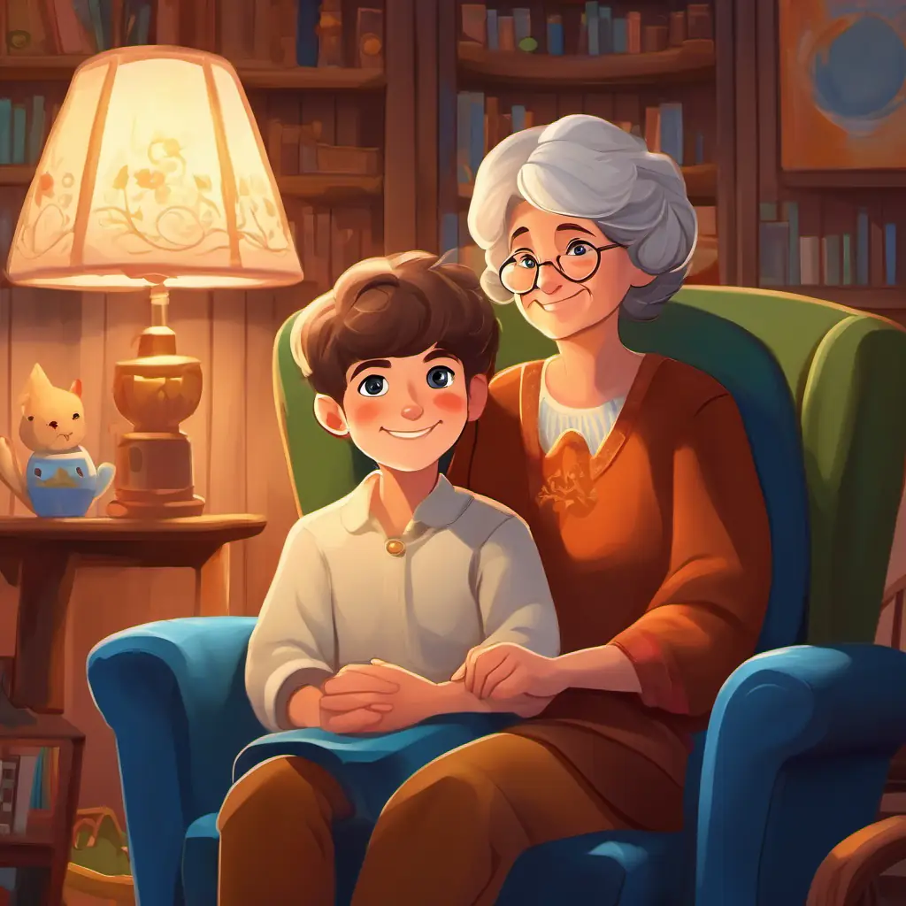 In a cozy little house on a hill, Curious boy with brown hair and sparkling blue eyes sits on a soft armchair with his grandma. The room is filled with warm light from a lamp. Curious boy with brown hair and sparkling blue eyes and his grandma are smiling and holding hands.