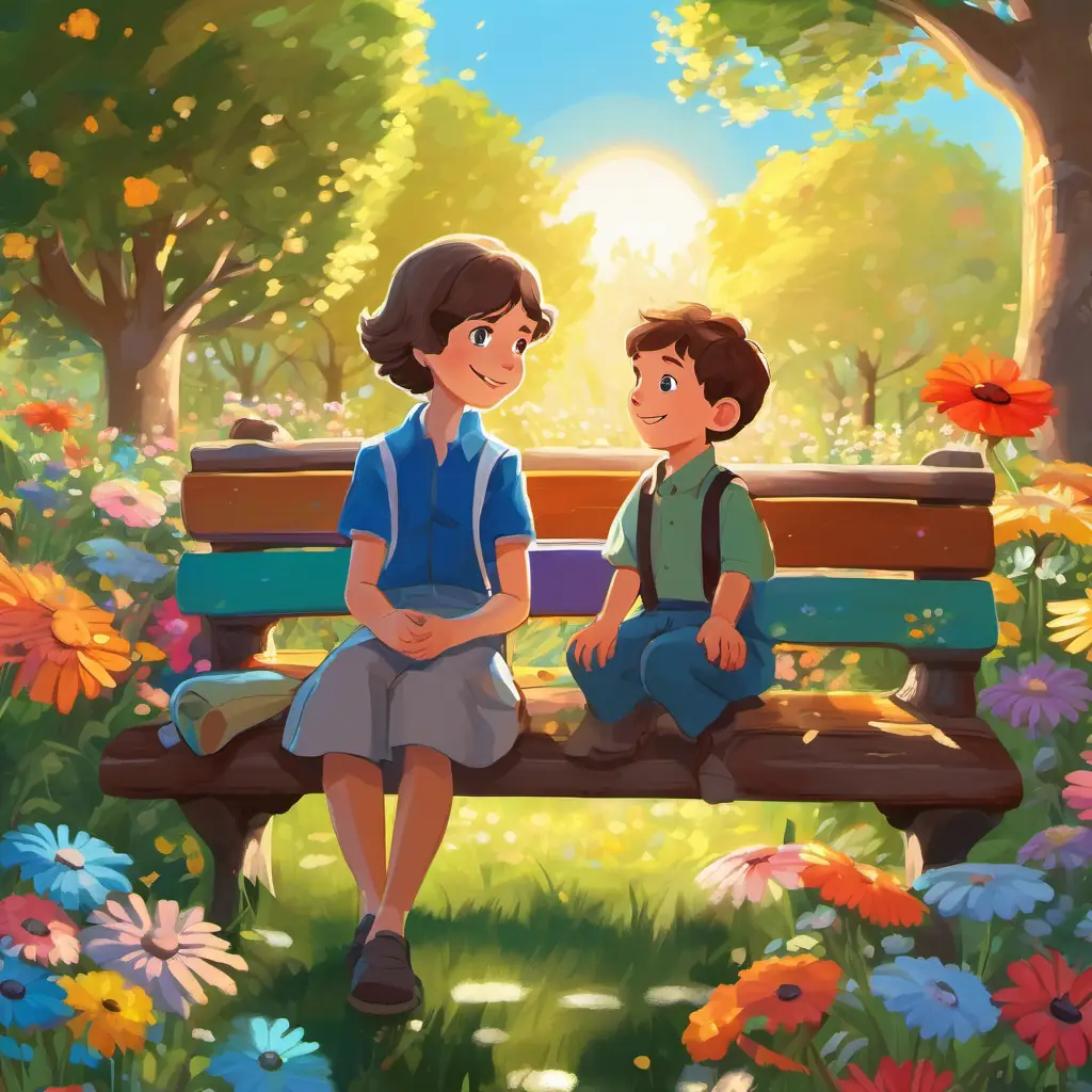 Curious boy with brown hair and sparkling blue eyes and his grandma sit on a garden bench surrounded by colorful flowers. The sun shines brightly on their faces, creating dancing shadows on the ground.