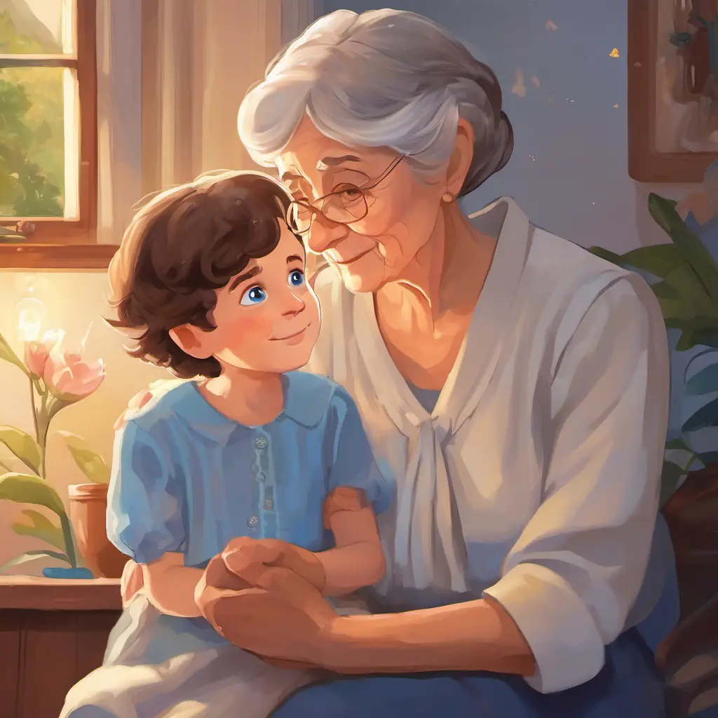 Curious boy with brown hair and sparkling blue eyes's grandma leans closer to him, holding his hand tenderly. Her eyes are filled with love and understanding, as she explains her magical skin.