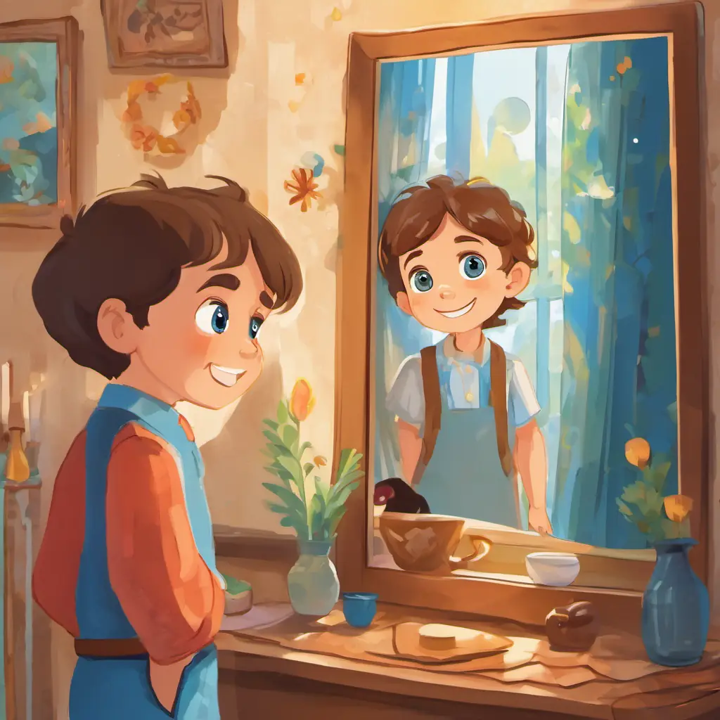 Curious boy with brown hair and sparkling blue eyes and his grandma stand in front of a mirror, smiling at each other. Curious boy with brown hair and sparkling blue eyes's eyes are filled with understanding and love. The room is bright and cozy, filled with photos and memories.