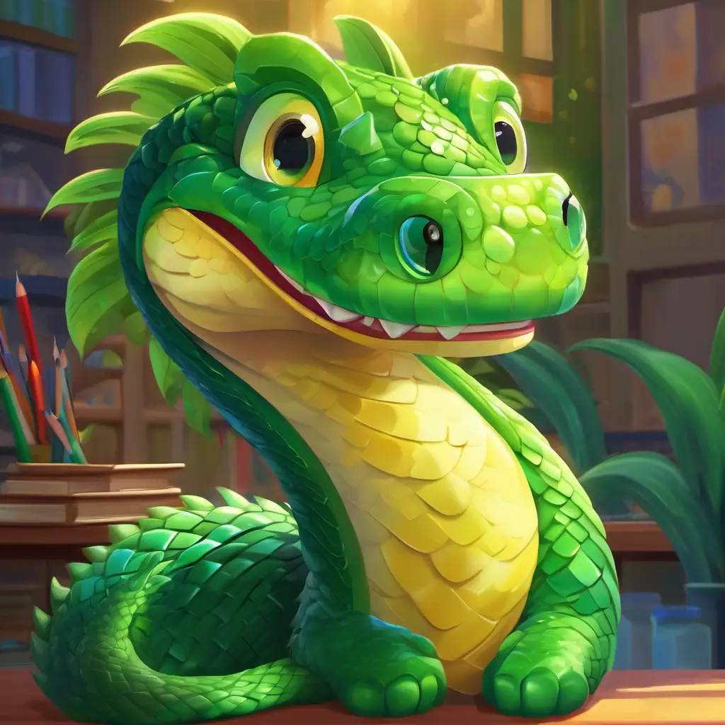 Green serpent with bright, curious eyes and shimmering scales starts his first day at school, feeling excited.