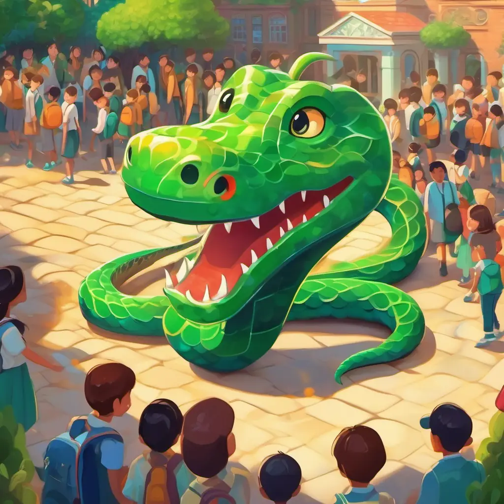 Green serpent with bright, curious eyes and shimmering scales reaches the crowded schoolyard, feeling nervous.