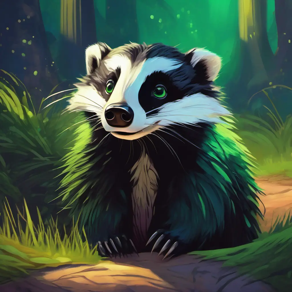 Small, scruffy badger with dark fur and a guilty expression admits to his wrongdoing after Green serpent with bright, curious eyes and shimmering scales speaks up.