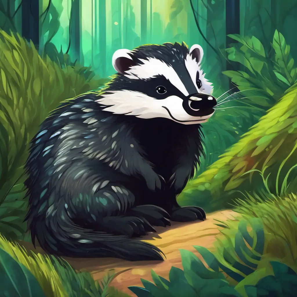 Small, scruffy badger with dark fur and a guilty expression apologizes, offering friendship to Green serpent with bright, curious eyes and shimmering scales.