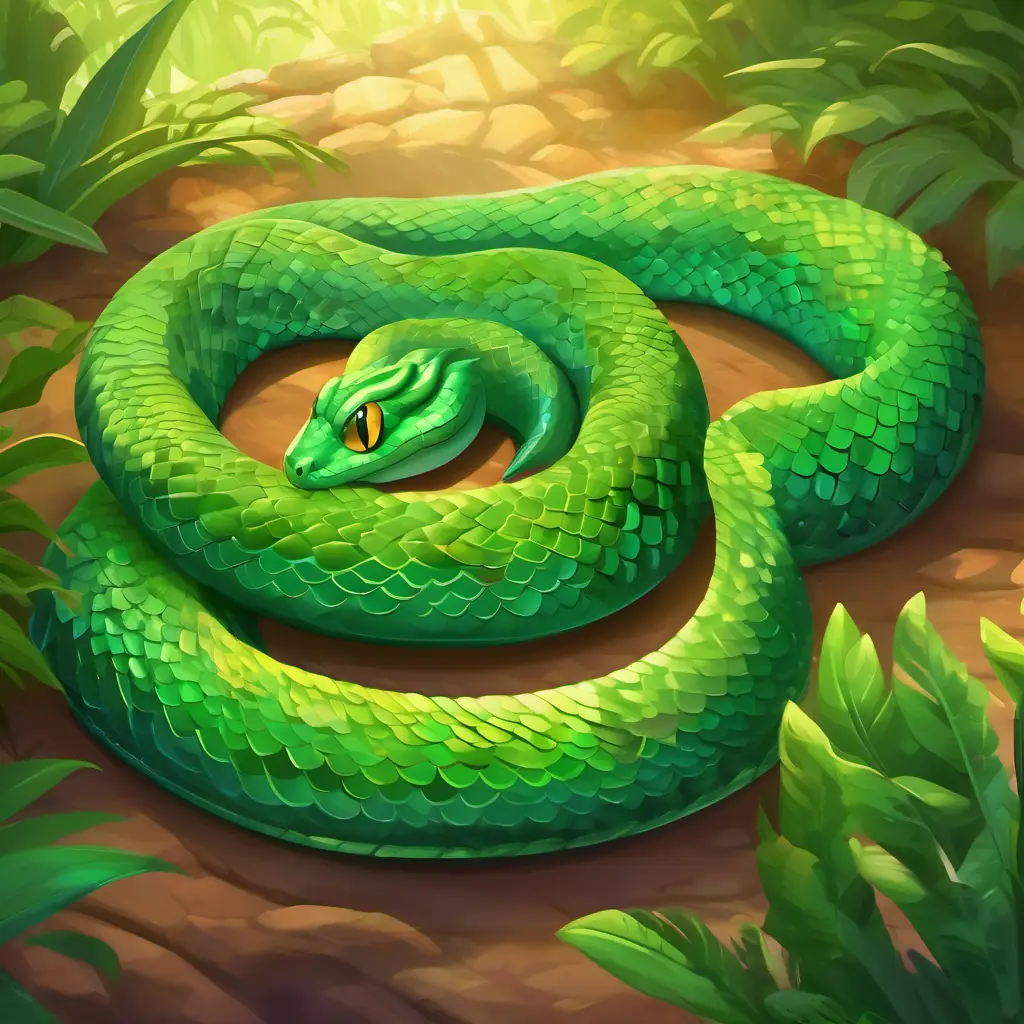 Green serpent with bright, curious eyes and shimmering scales is in class with other animals for roll call.