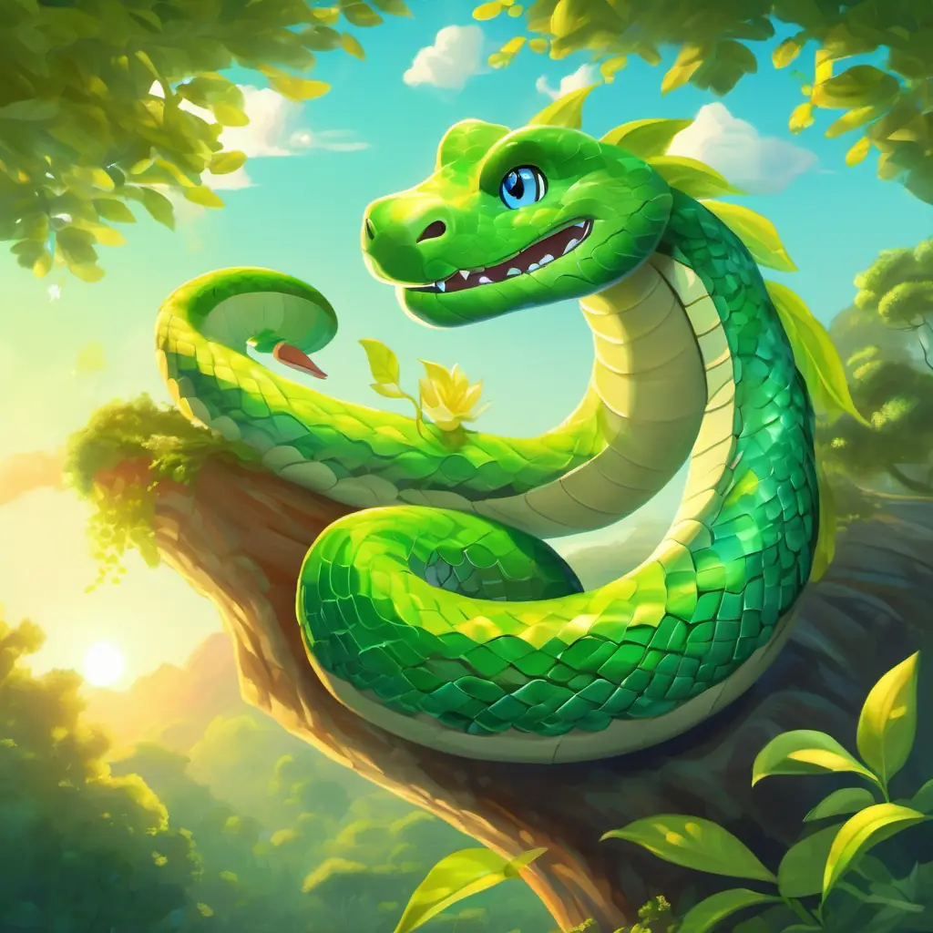 Green serpent with bright, curious eyes and shimmering scales introduces himself to the class, sharing his love for sun.