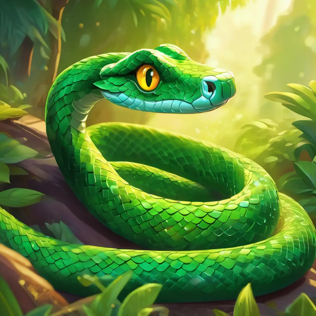 Green serpent with bright, curious eyes and shimmering scales is alone at break time, watching others.