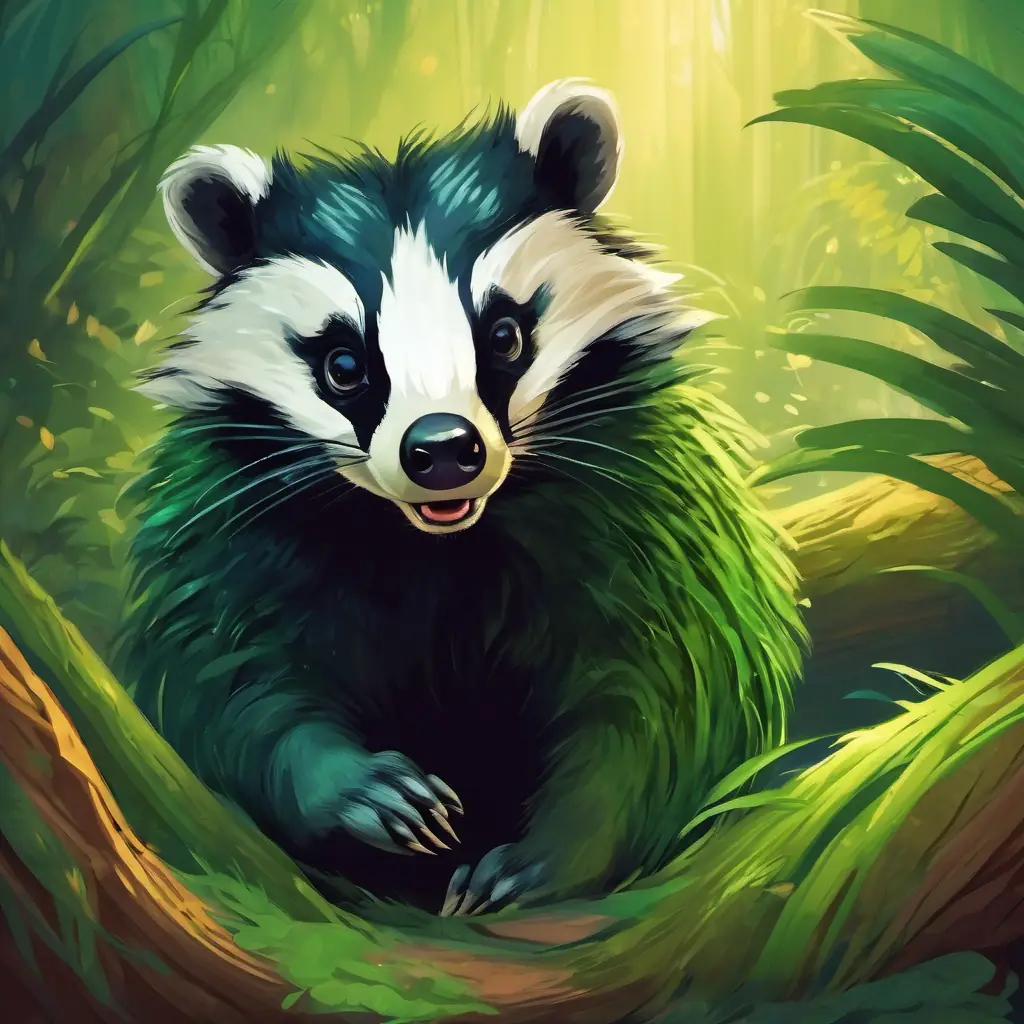 Small, scruffy badger with dark fur and a guilty expression the badger confronts Green serpent with bright, curious eyes and shimmering scales, being unwelcoming.