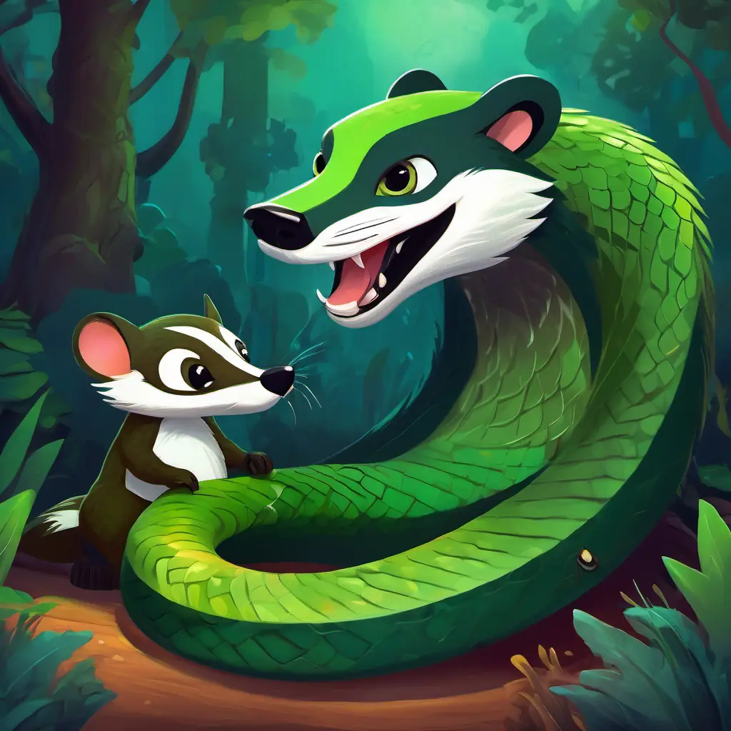 Green serpent with bright, curious eyes and shimmering scales stands up for himself against Small, scruffy badger with dark fur and a guilty expression's hurtful words.