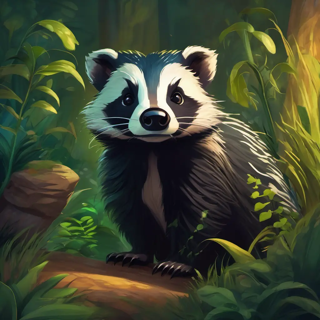 Small, scruffy badger with dark fur and a guilty expression causes trouble and blames Green serpent with bright, curious eyes and shimmering scales unfairly.