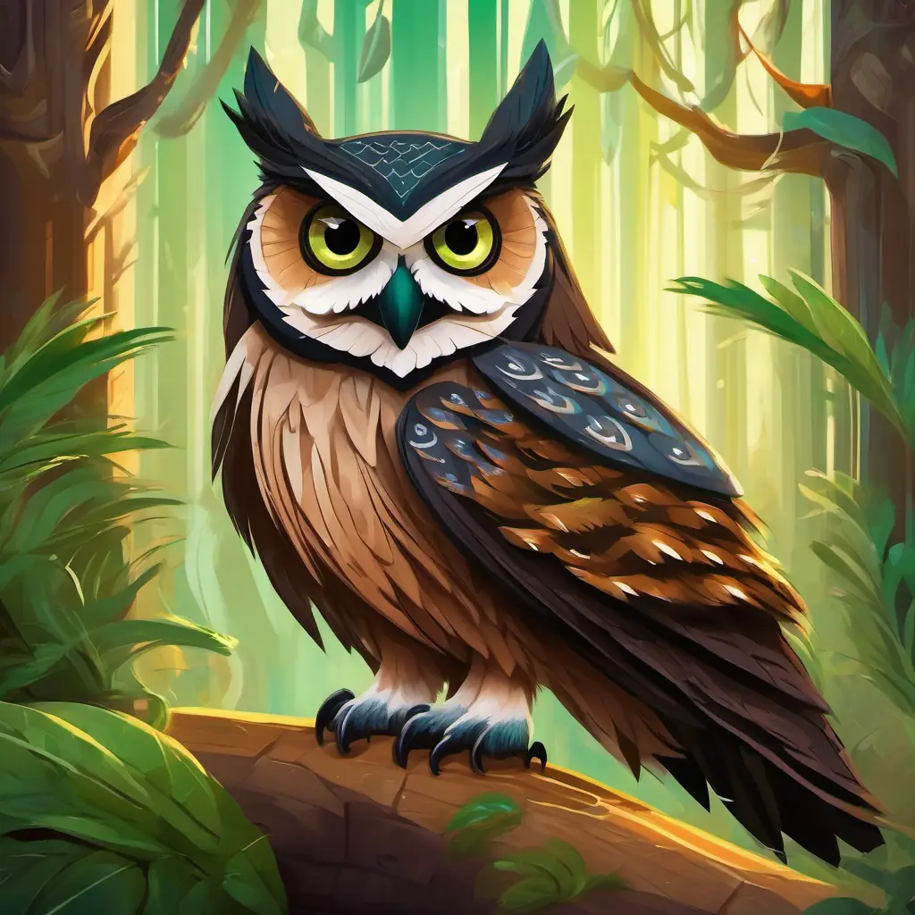 Wise owl with soft brown feathers and keen, gentle eyes confronts Green serpent with bright, curious eyes and shimmering scales about Small, scruffy badger with dark fur and a guilty expression's mischief.