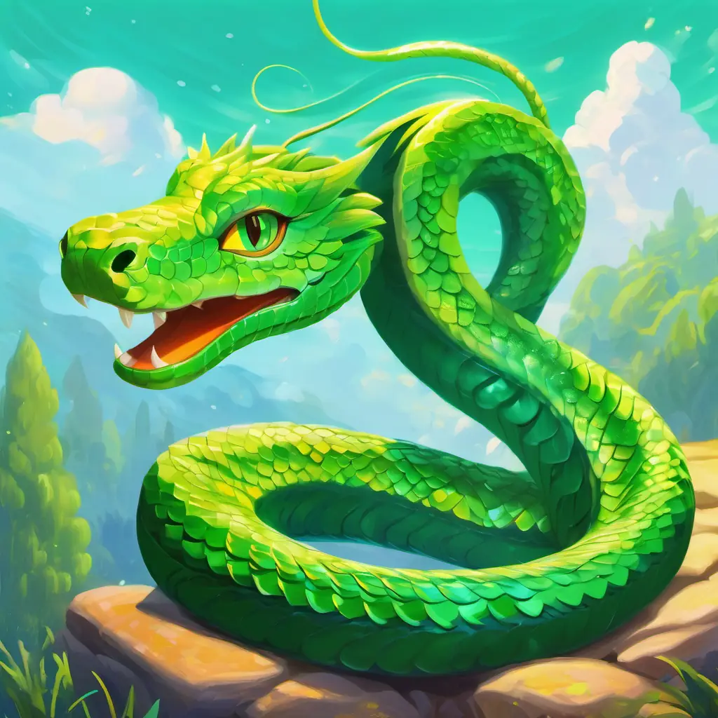 Green serpent with bright, curious eyes and shimmering scales speaks the truth about the paint incident.