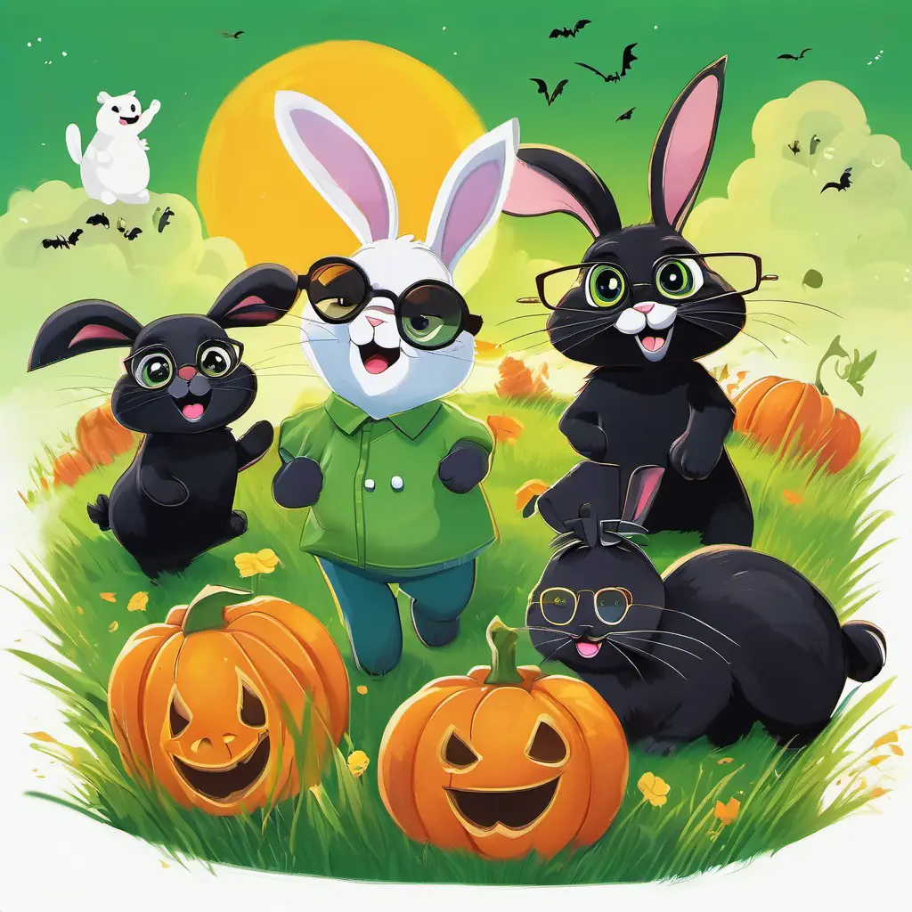 Black fur, 7-year-old bunny with a bright smile and clean glasses, a black fur bunny with a wide smile and clean glasses, is standing in a green meadow under a bright sun, with other animals playing in the background.