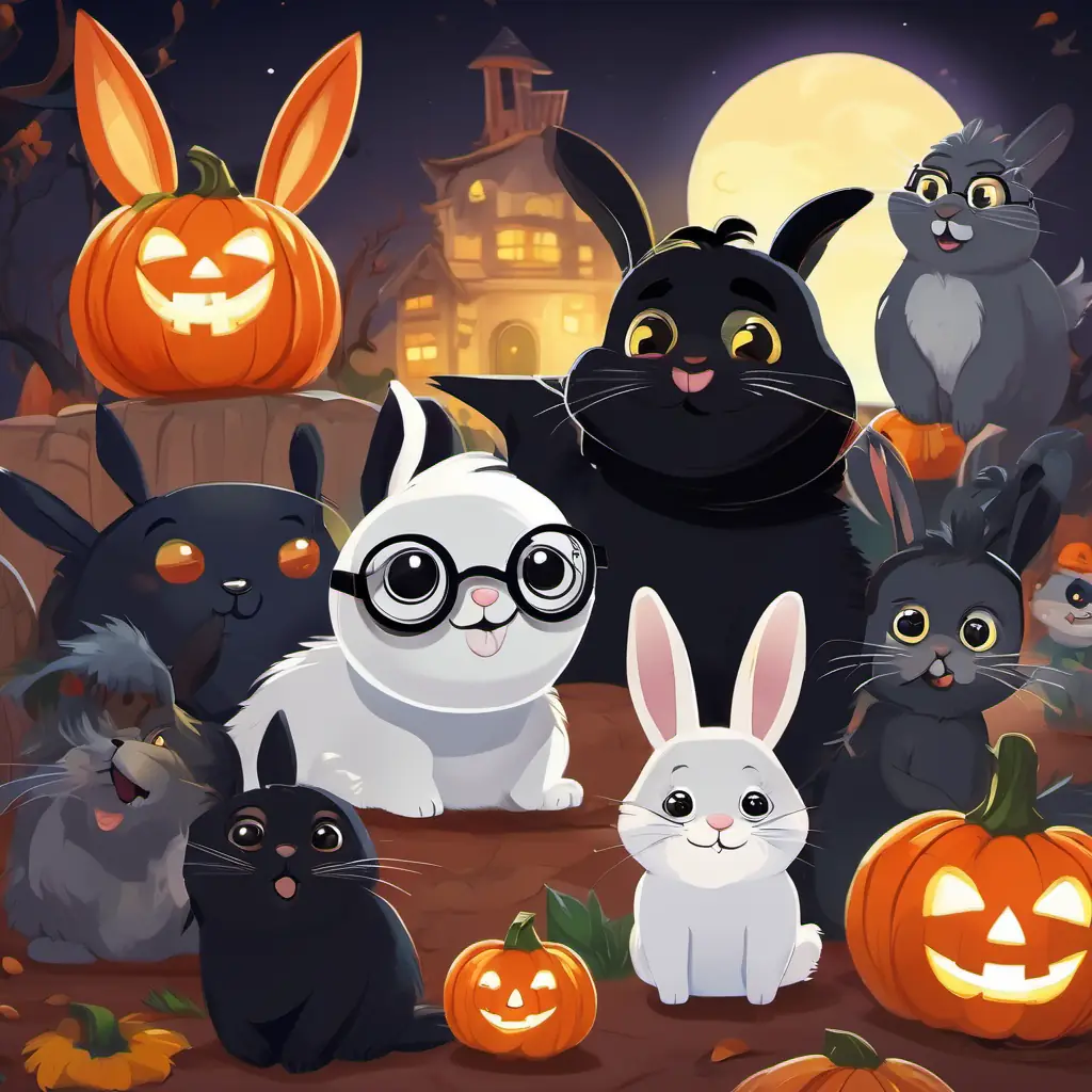 Black fur, 7-year-old bunny with a bright smile and clean glasses is surrounded by his friends, who are all keeping their distance from him, looking worried. Black fur, 7-year-old bunny with a bright smile and clean glasses is looking determined and hopeful, with his smile shining brightly.