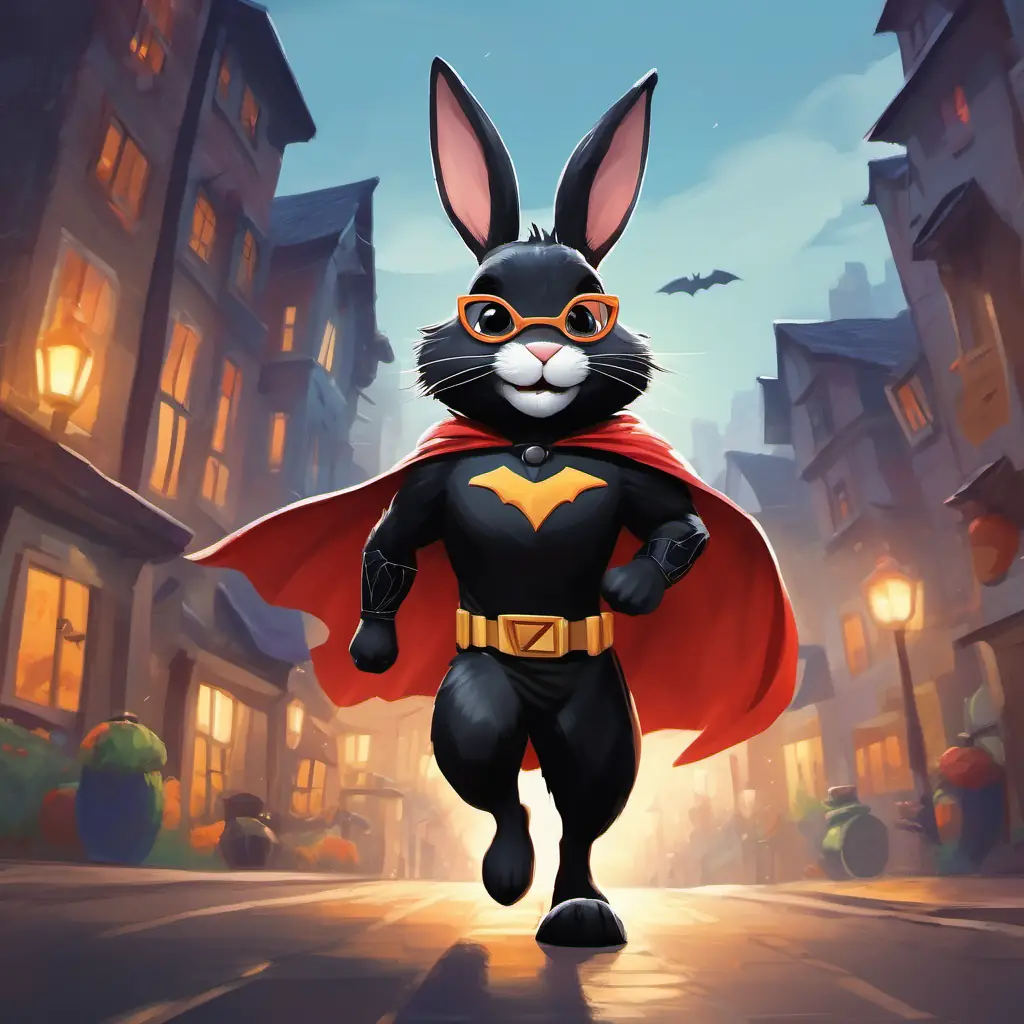 Black fur, 7-year-old bunny with a bright smile and clean glasses is wearing a superhero cape and a mask, bravely rushing to help people in the town, with a determined and confident expression on his face.