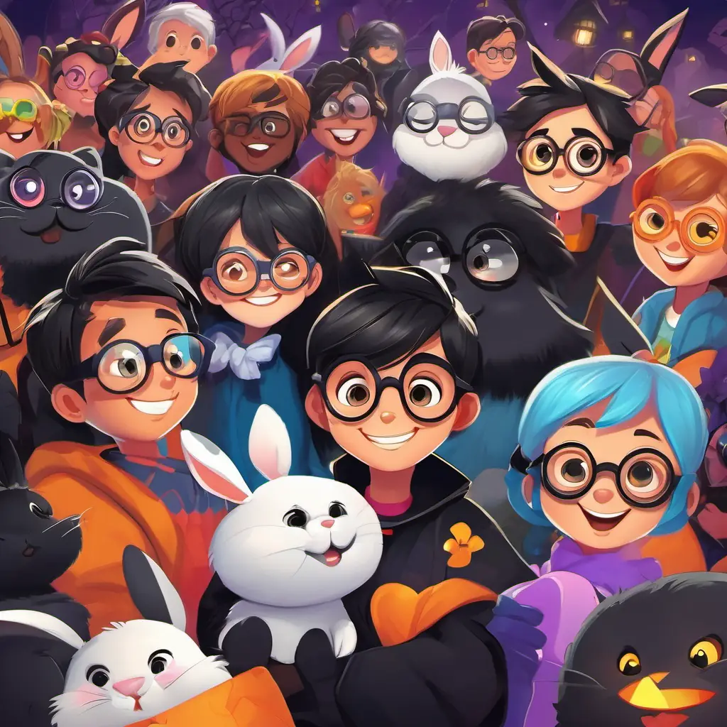 Black fur, 7-year-old bunny with a bright smile and clean glasses is surrounded by all his friends, who are now looking at him with admiration and respect. Black fur, 7-year-old bunny with a bright smile and clean glasses's brave heart shines through, and his friends are smiling and happy to be beside him.