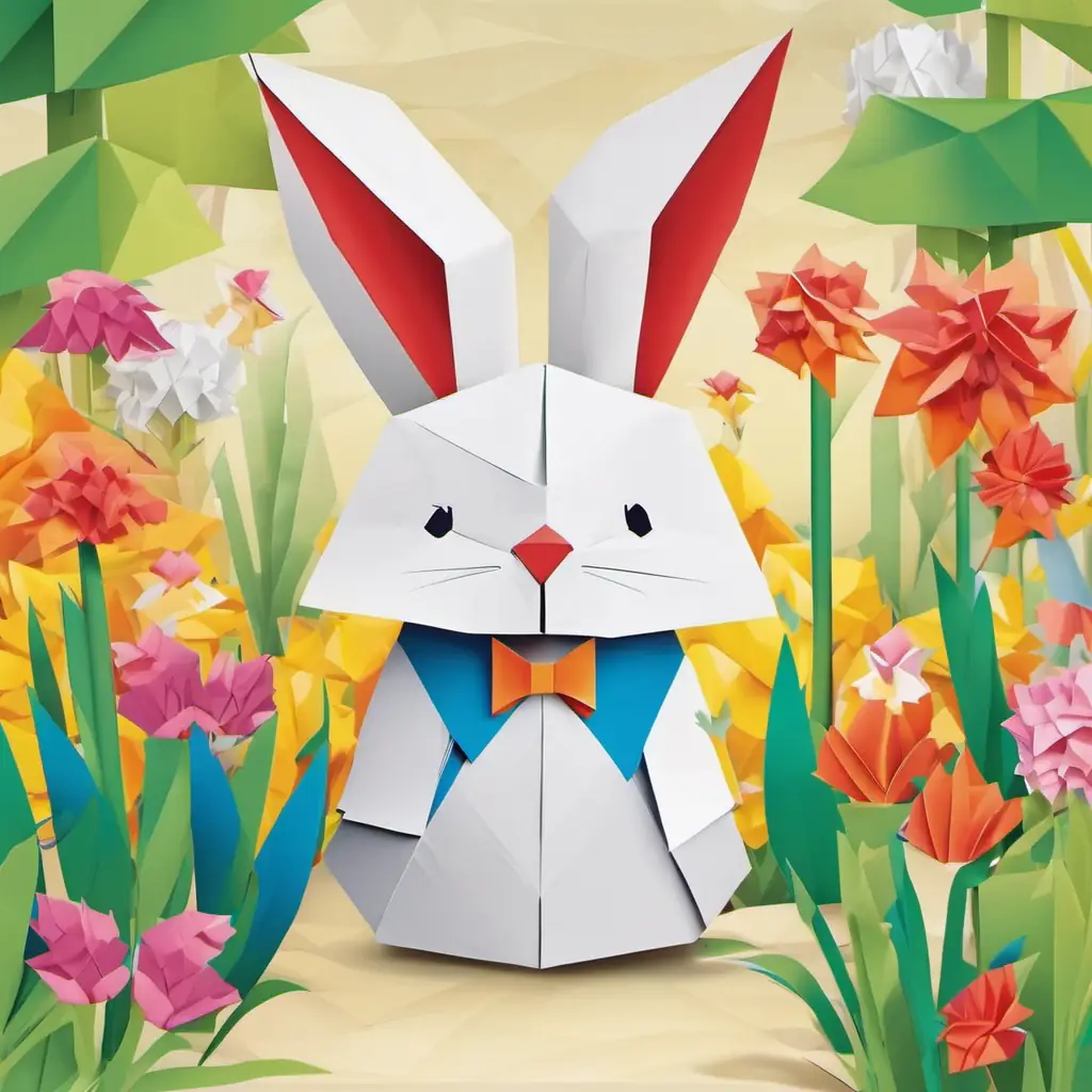 A lively leader with a bright smile, curious eyes visits bickering Rascally rabbits with fluffy fur, twitchy noses, and furry tails in a busy garden.