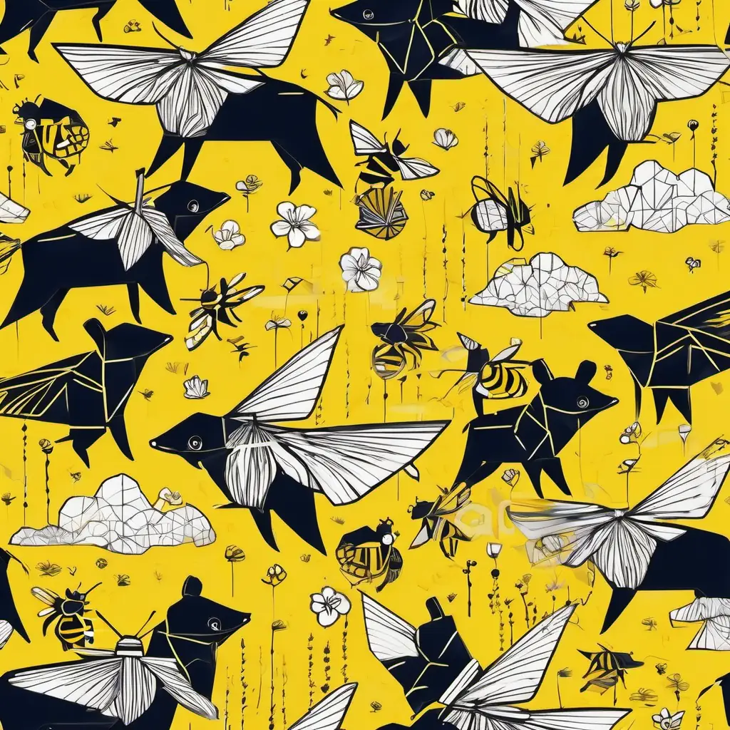 In a buzzing meadow, A lively leader with a bright smile, curious eyes negotiates peace between Busy bees buzzing around with black and yellow stripes and bears.