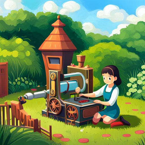 Lily builds a machine in her backyard