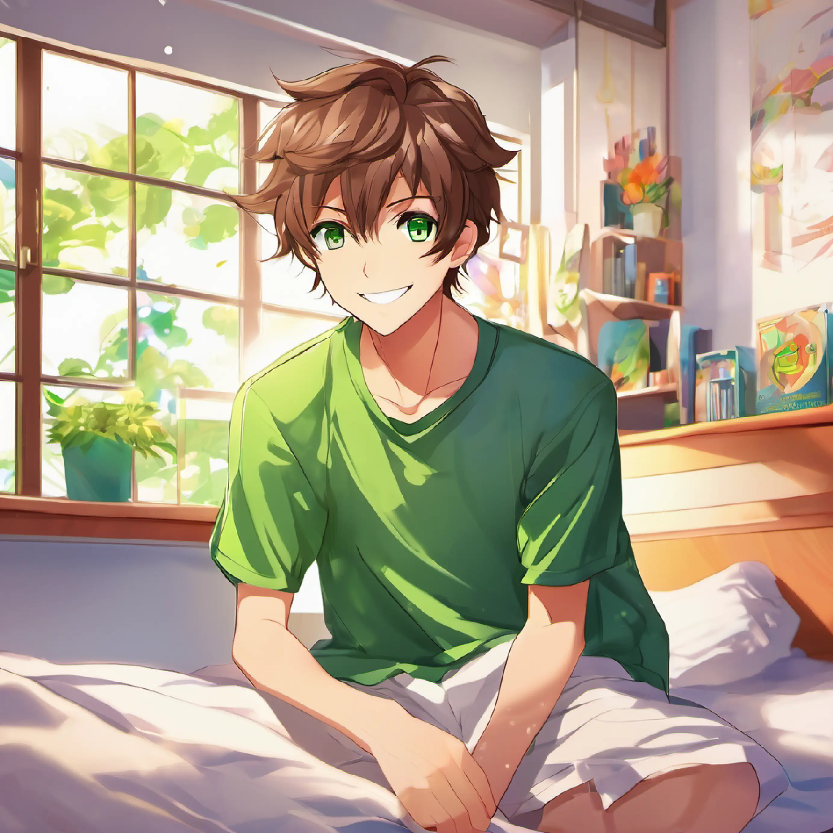 Energetic boy, brown hair, green eyes, always smiling's bedroom, morning, Energetic boy, brown hair, green eyes, always smiling is cheerful