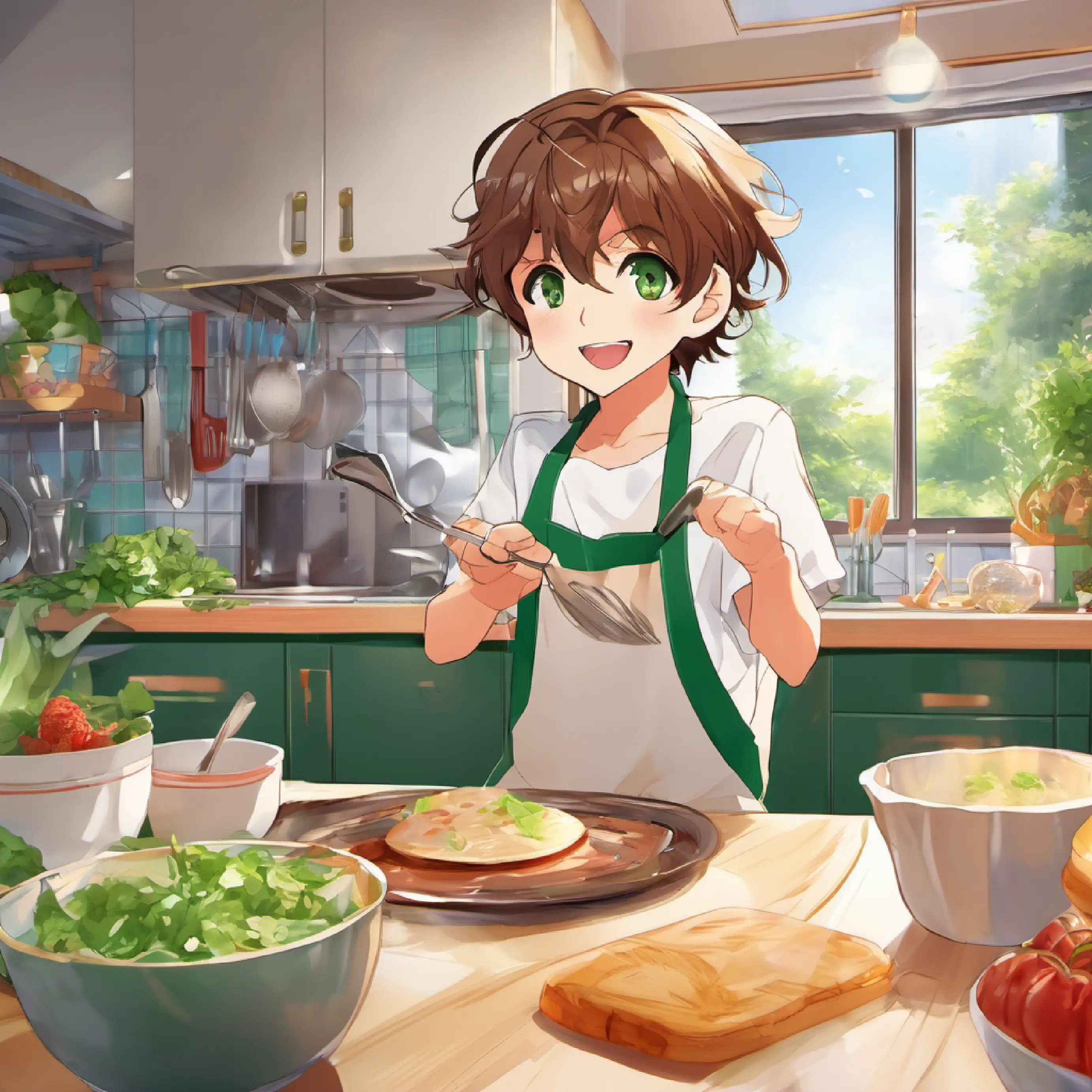 Kitchen, morning, Energetic boy, brown hair, green eyes, always smiling eating, mom cooking