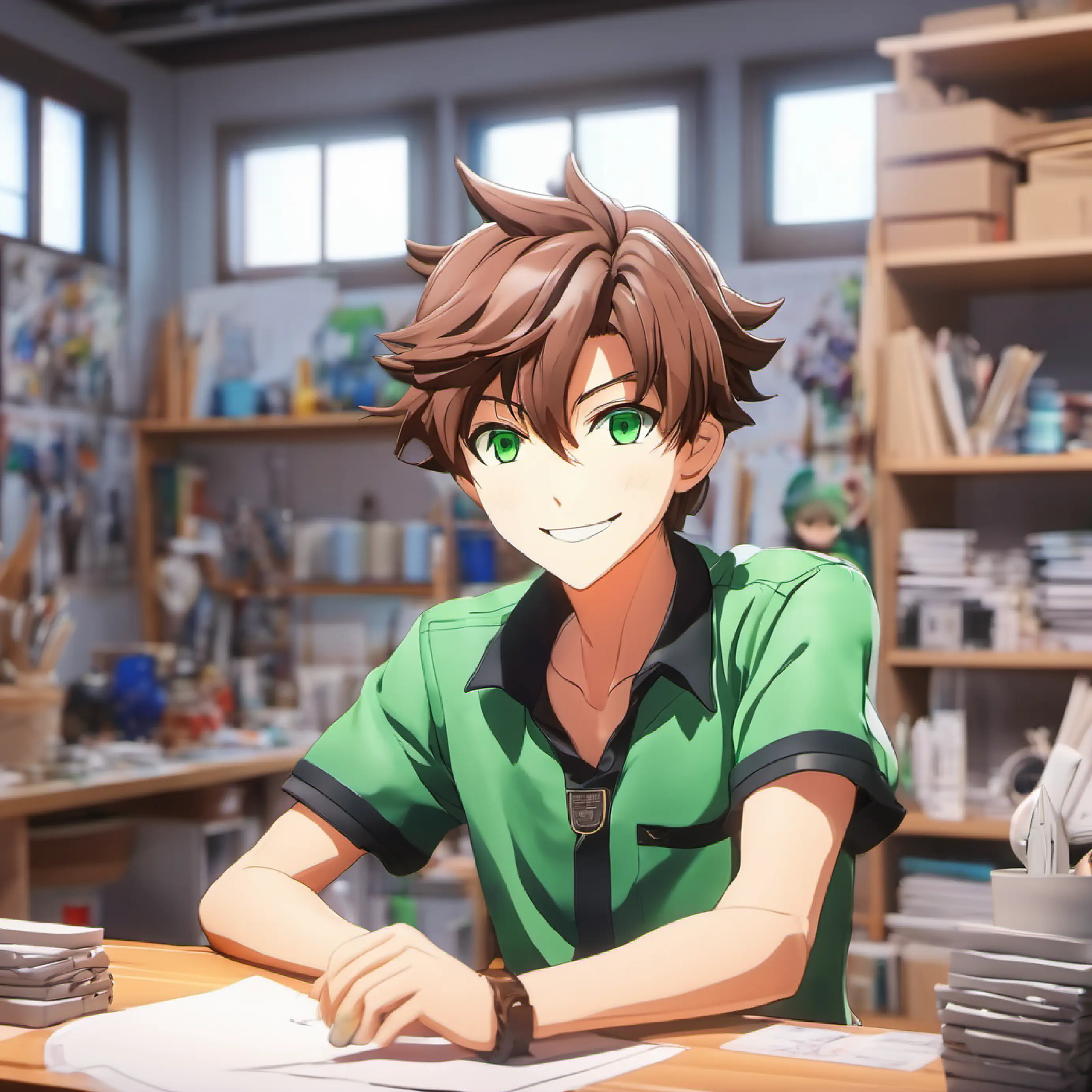 Art room, clay project, Energetic boy, brown hair, green eyes, always smiling sculpting