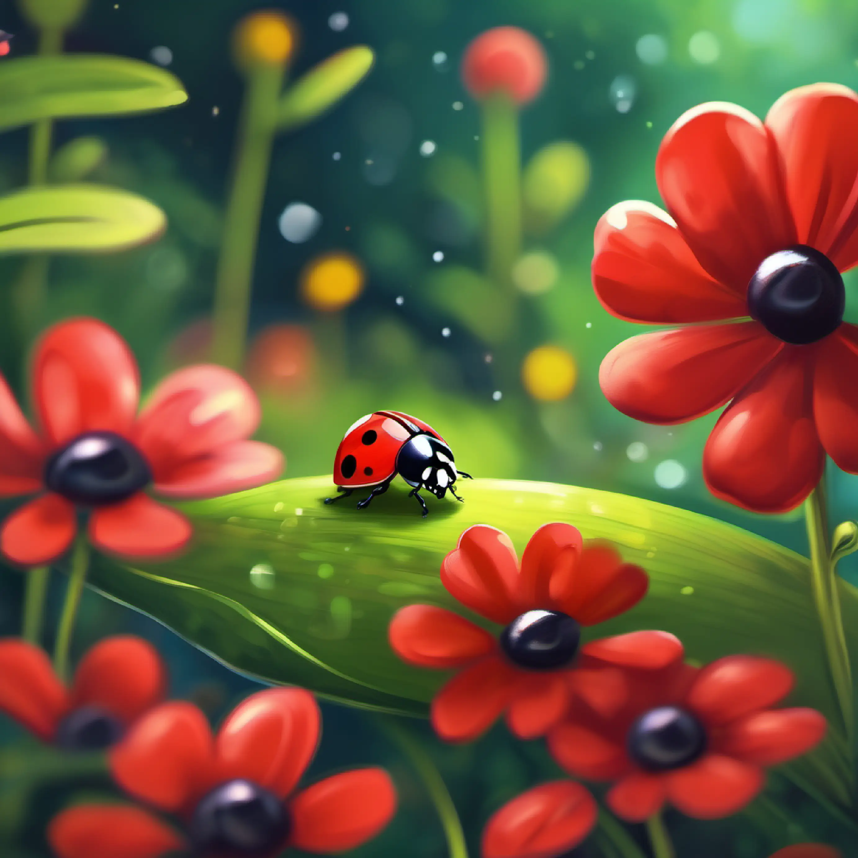 Tiny ladybug, red with black spots the ladybug in a vibrant garden.