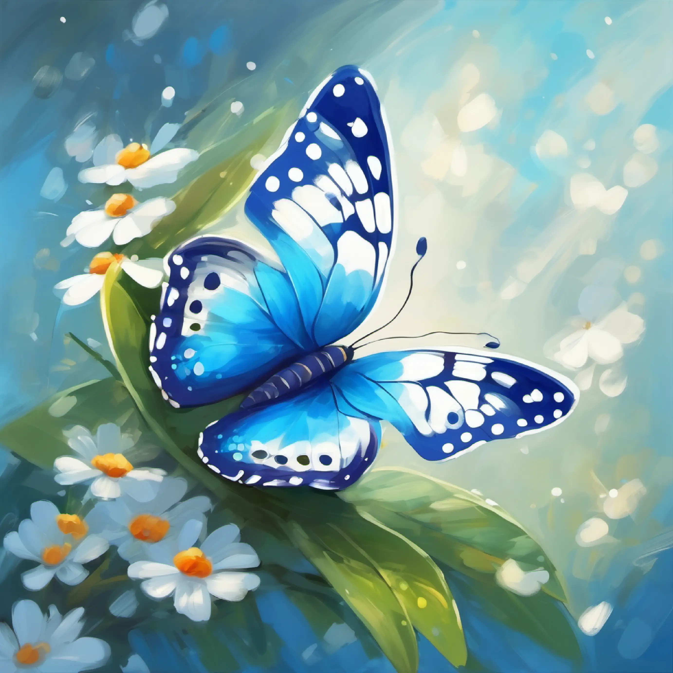 Butterfly, blue wings with white spots the butterfly with blue and white wings, curious.