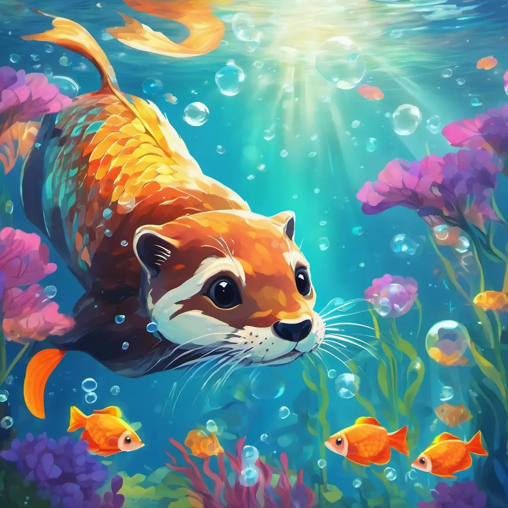 Underwater scene with colorful fish, bubbles, and a playful otter