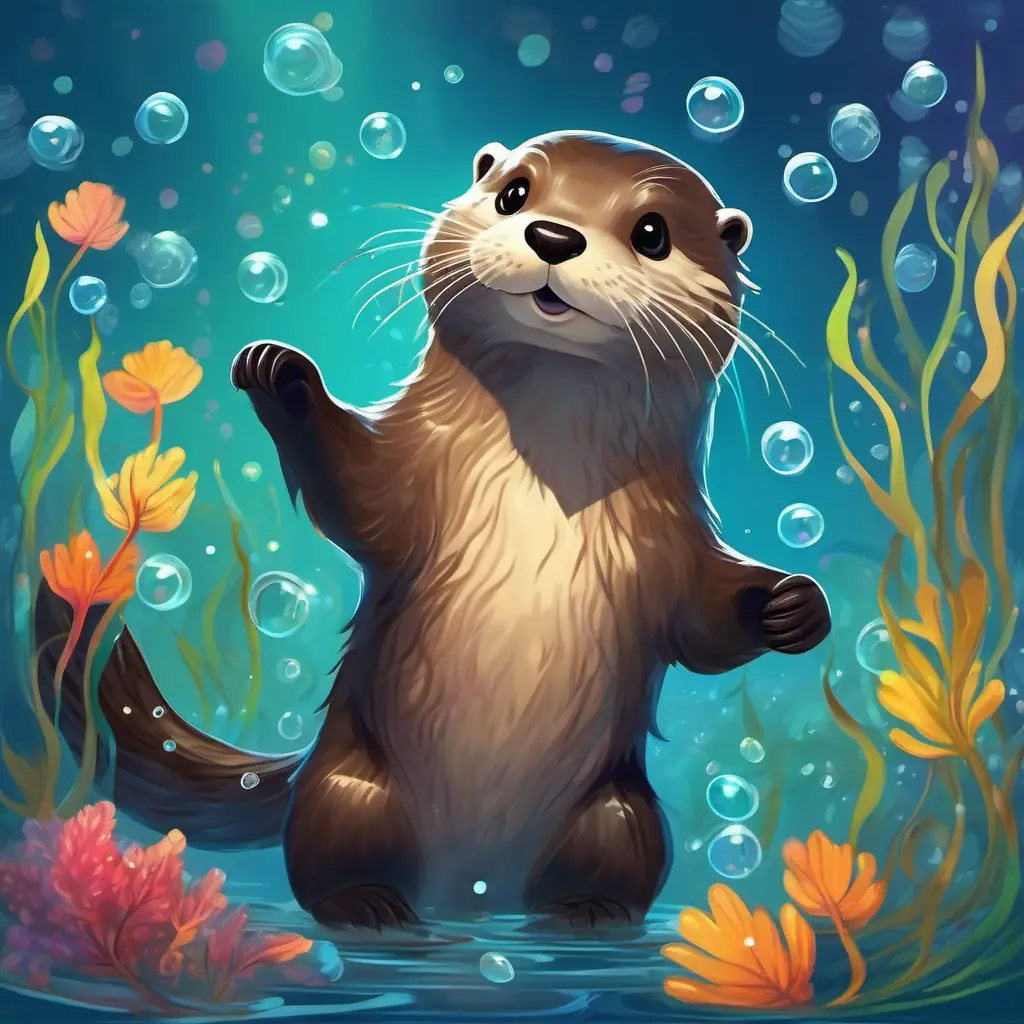 Otter with brown fur, and bright, twinkling black eyes dancing with seaweed, making colorful swirls and bubbles