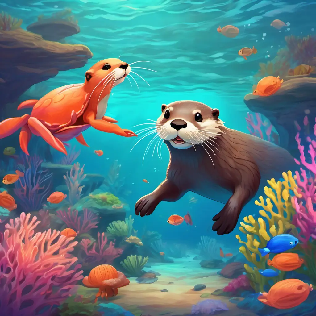 Otter and crab playing tag near a bed of colorful corals