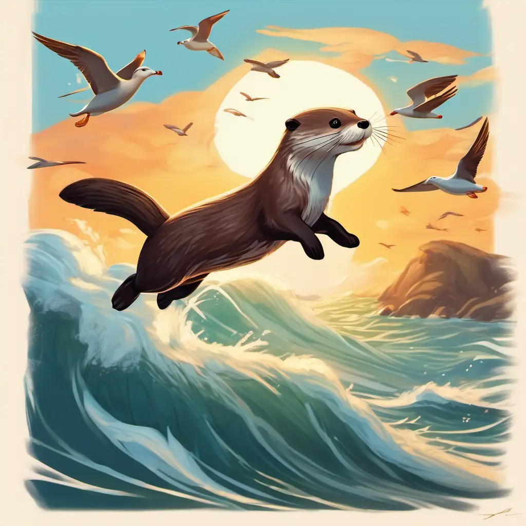 Otter jumping and flipping over waves, with seagulls flying above