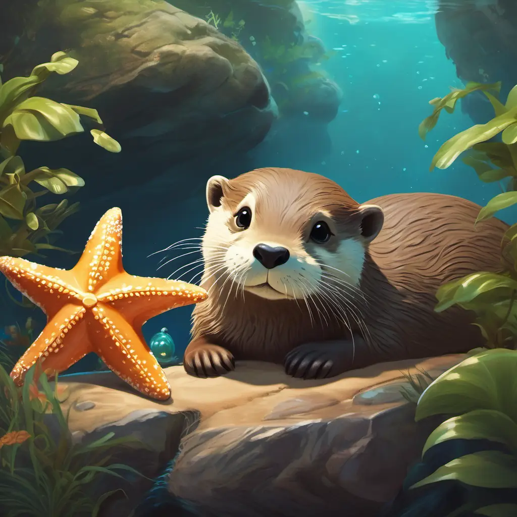 Otter resting on a rock, with a playful starfish near a sunken clock