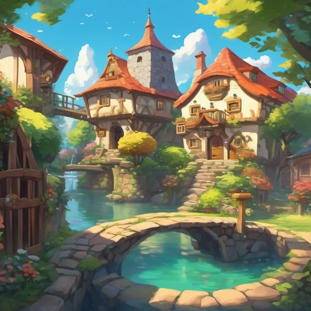 Illustration of a quaint village with a magical well at its center