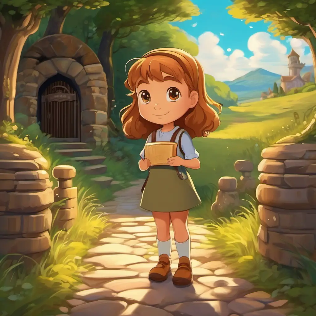 Illustration of Intelligent, young girl with hazel eyes and caramel-colored hair on a path leading to The Wishing Well