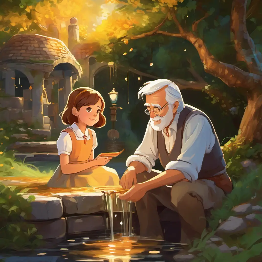 Illustration of Intelligent, young girl with hazel eyes and caramel-colored hair and the old man near The Wishing Well