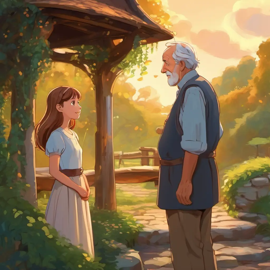 Illustration of Intelligent, young girl with hazel eyes and caramel-colored hair talking to the old man near The Wishing Well