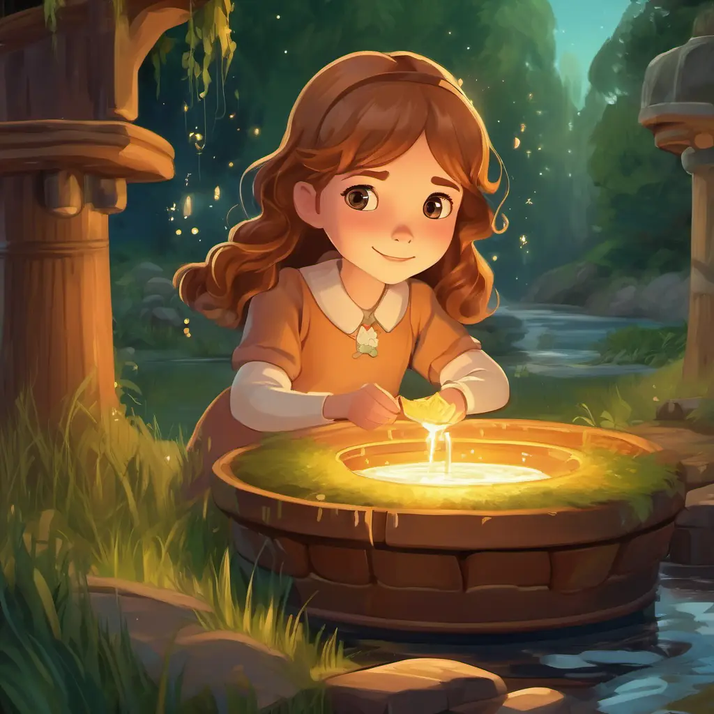 Illustration of Intelligent, young girl with hazel eyes and caramel-colored hair making her wish at The Wishing Well